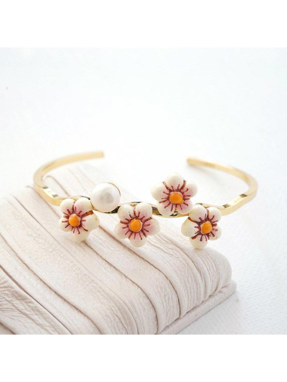 Anthropologie Enamel Flower Pearl Bracelet